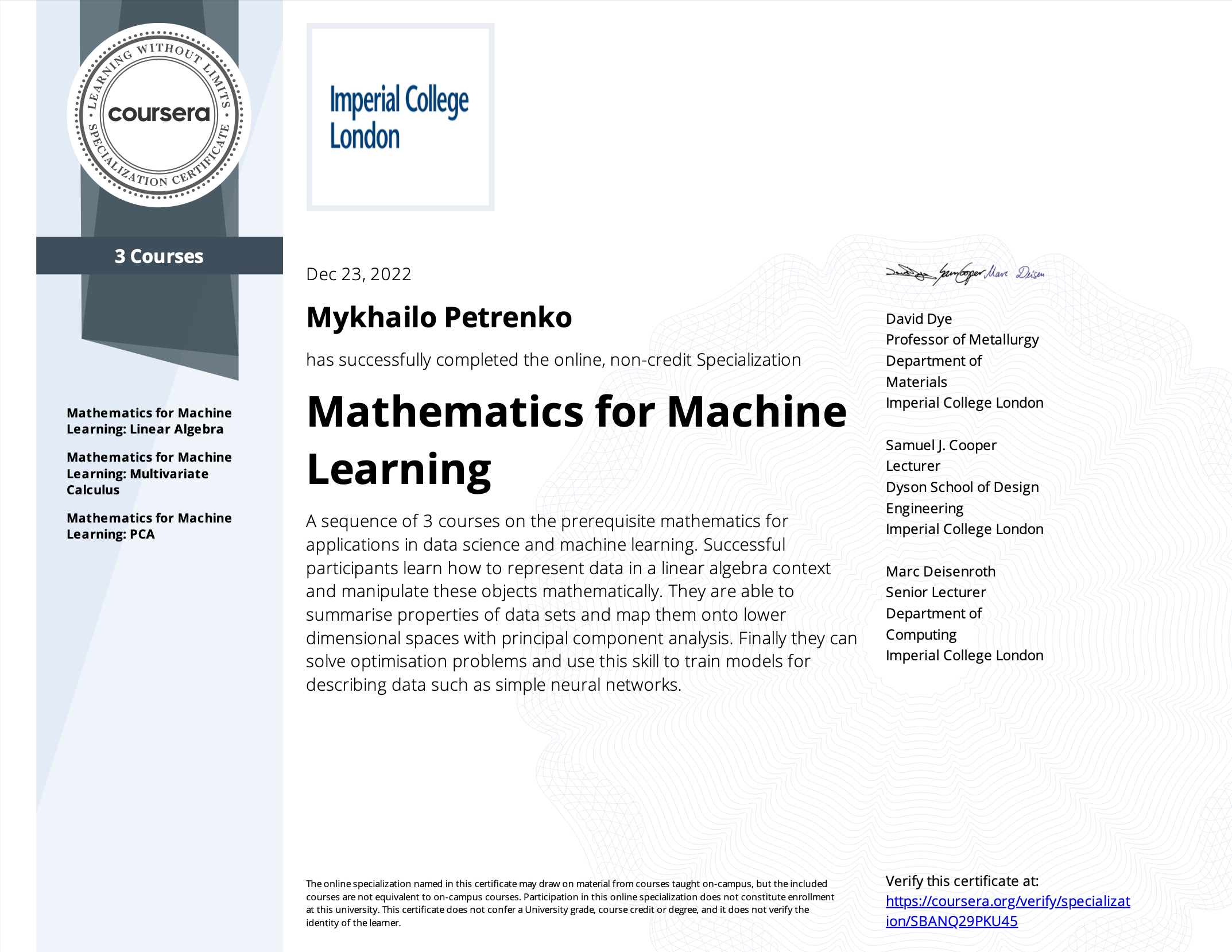 Imperial College of London - Mathematics for Machine Learning